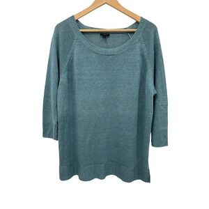 Talbots 2X 100% Linen Teal Blue Knit Sweater Scoop Neck Ribbed Hem